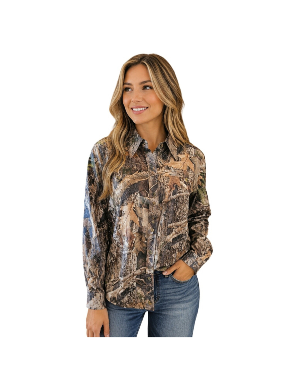 NWT SHE outdoor camo performance button up long sleeve hunting fishing camping M